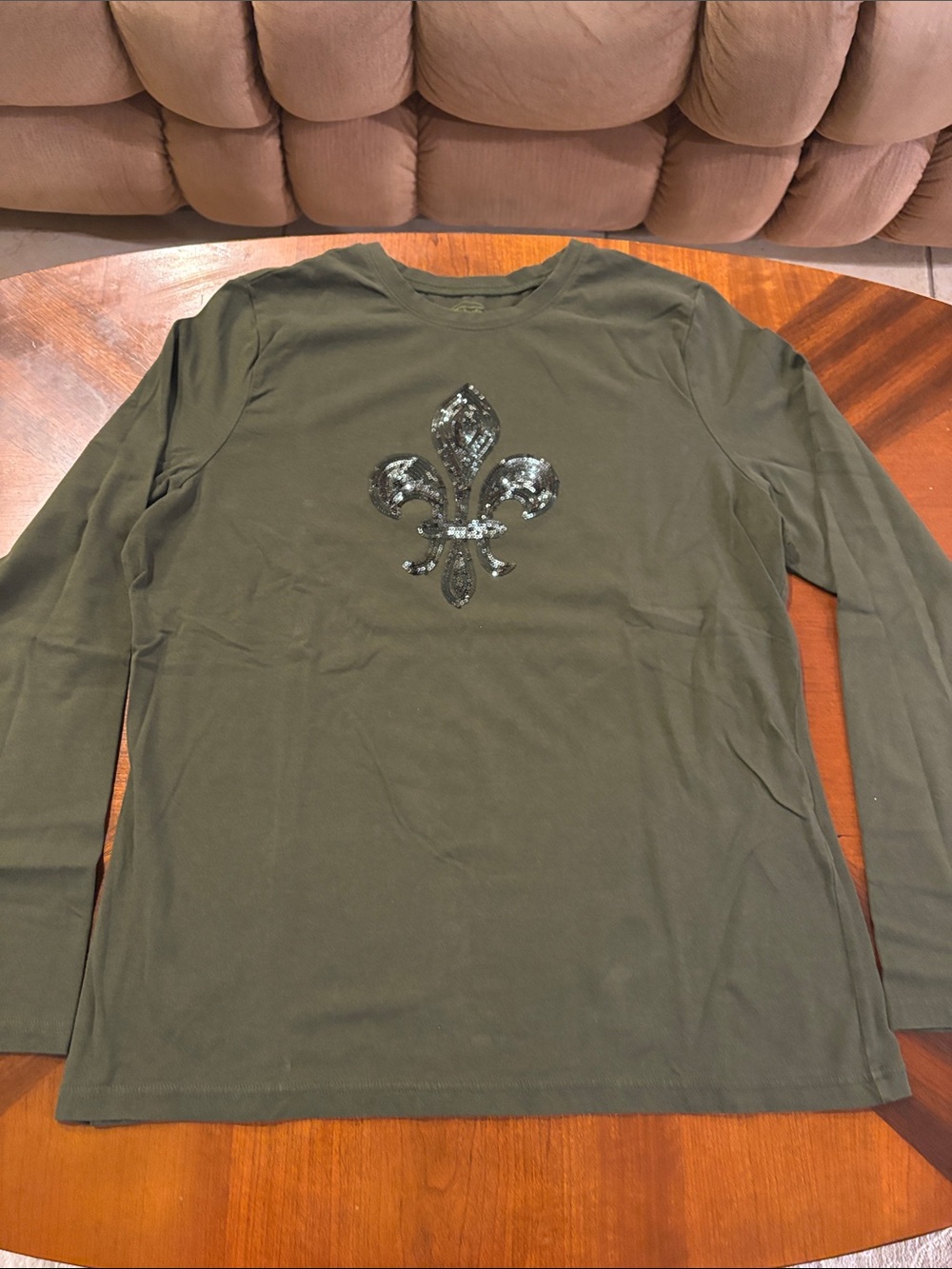Talbots Women’s Olive Green Long-Sleeve Tee with Sequin Fleur-de-Lis